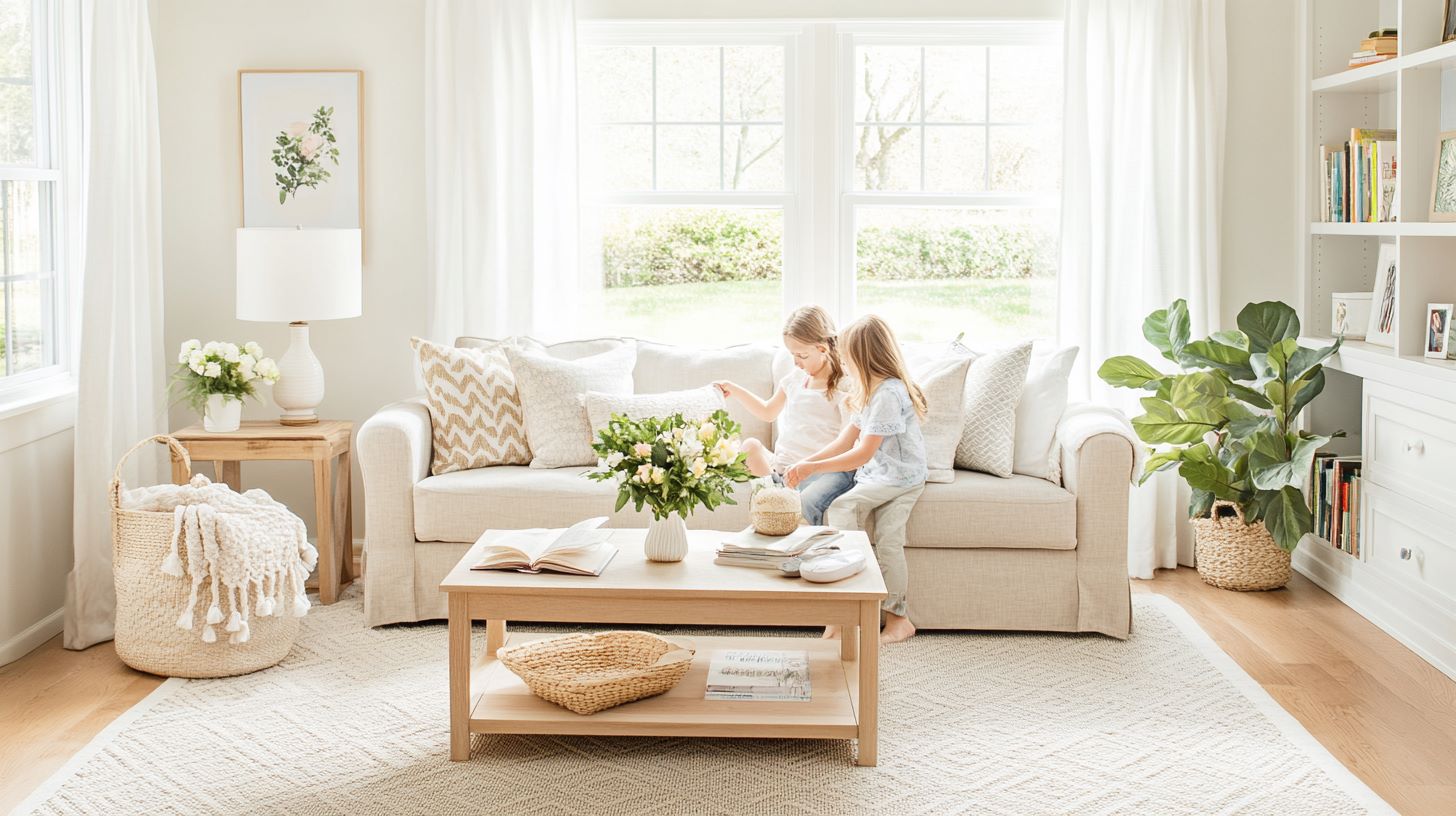 Two young sisters playing in the living room on nice home decor.