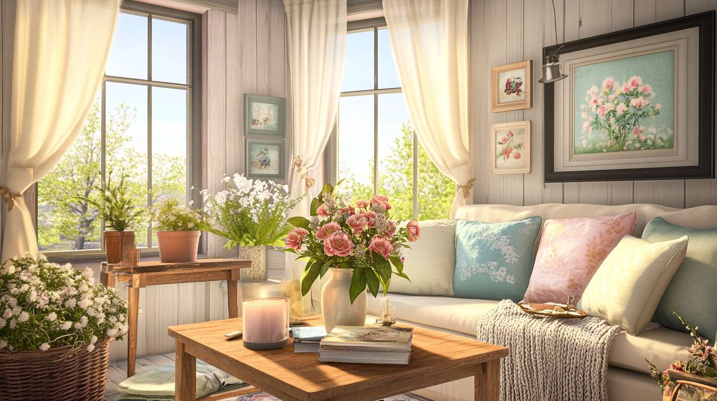 A bright, airy living room with sheer curtains, cozy pillows, a woven blanket, fresh flowers, and a flickering candle for a spring refresh.