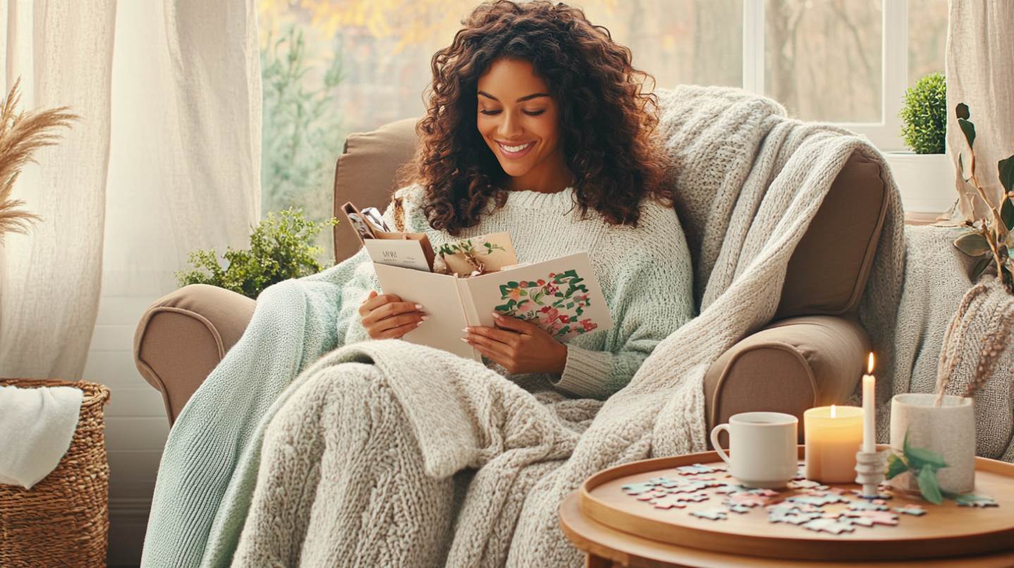 A woman enjoying some self care. She is about to start a Pastel Winter Village Puzzle