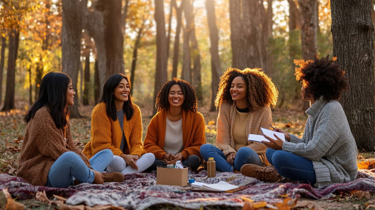 Cold morning women gathered around having sharing things about their lives, in order to promote good mental health.