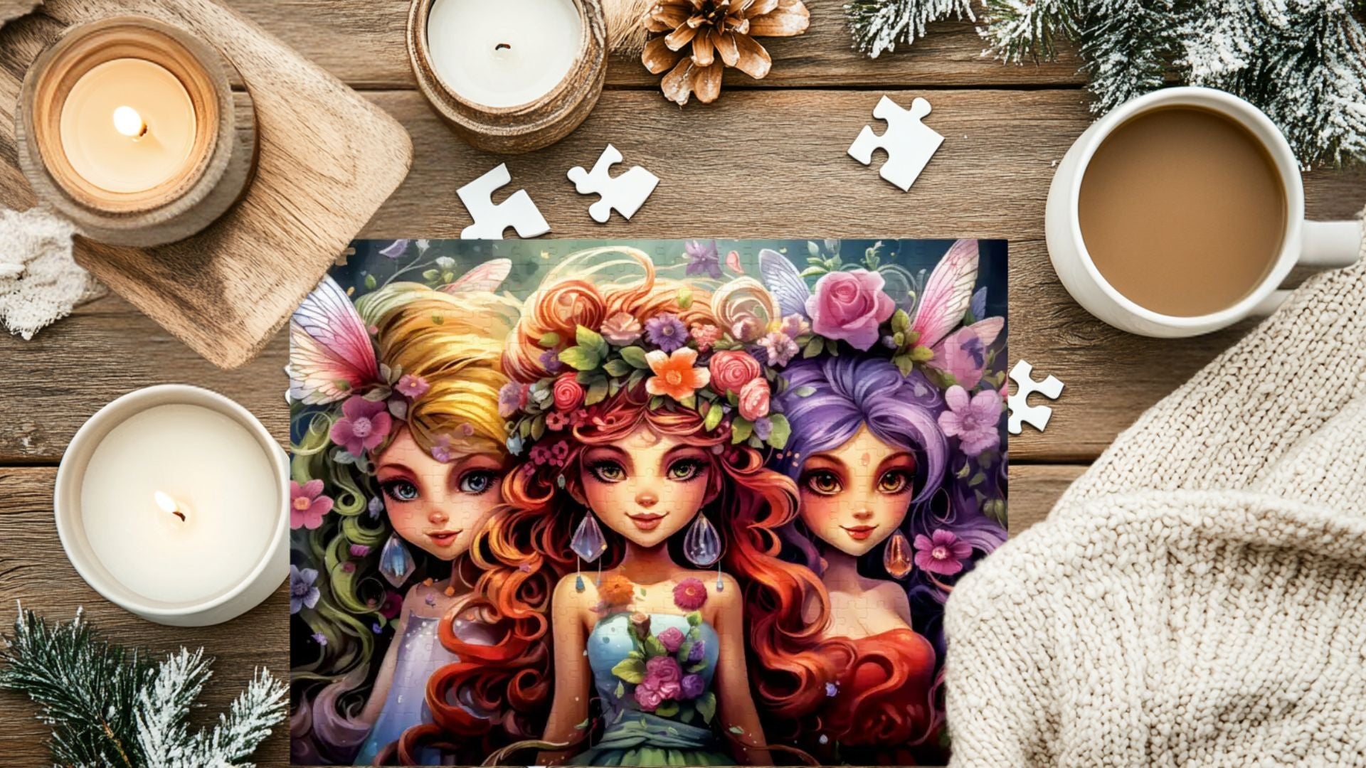 Tinycore Fairy Girls Wooden Jigsaw Puzzle laying on a table with candles.