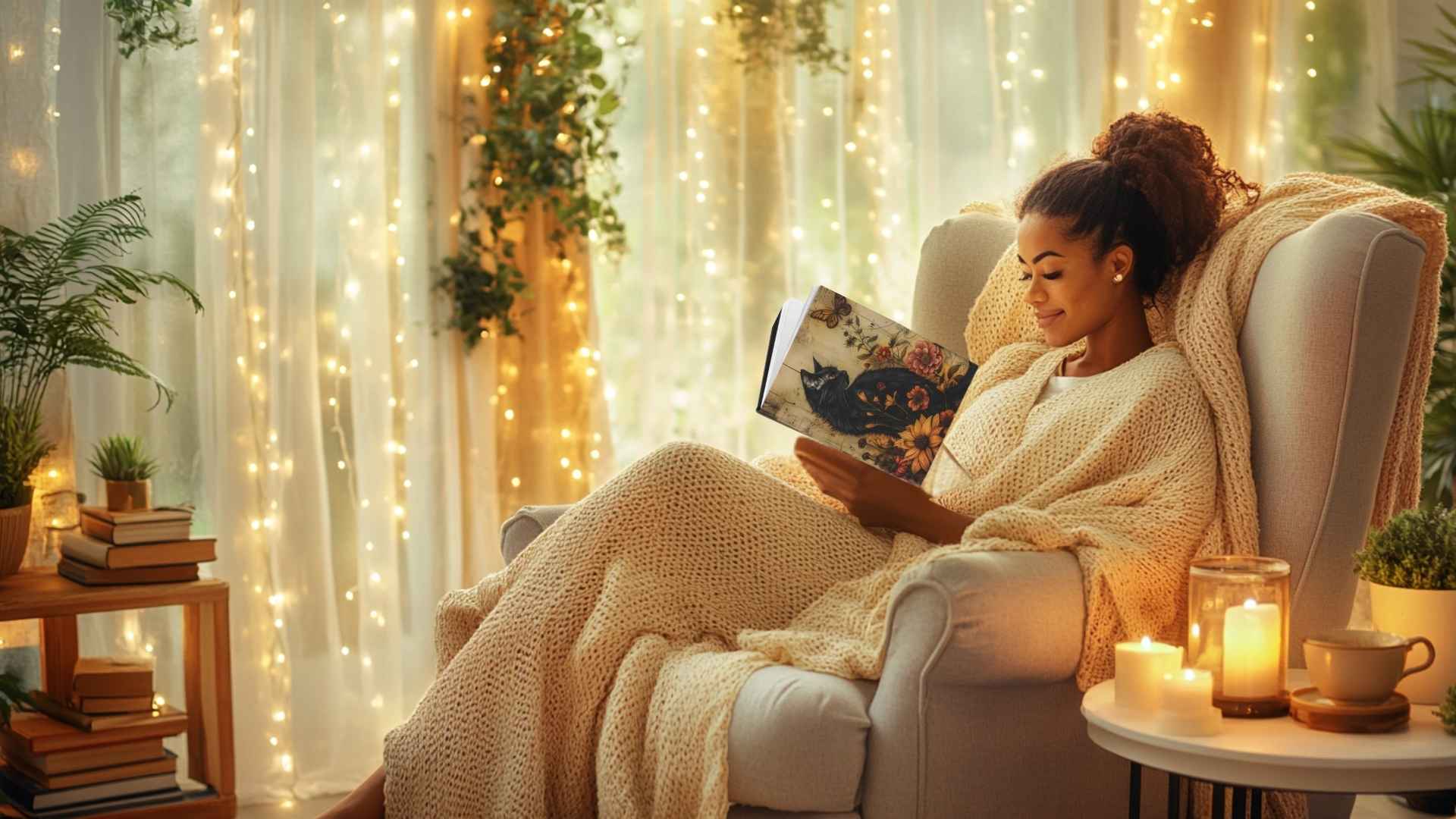 A woman sitting down reading from her Feline's Flourish Journal by Durazza