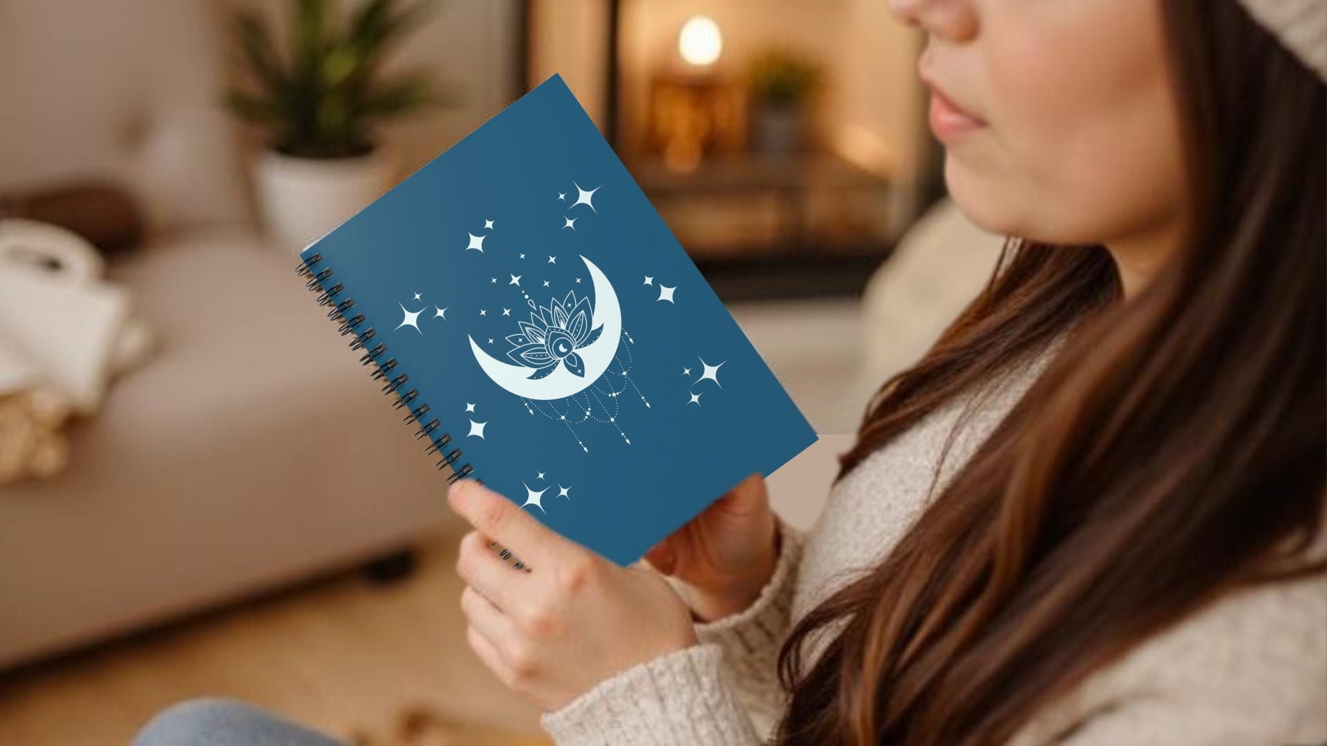 A woman looking through her Starry Lotus Moon Notebook.