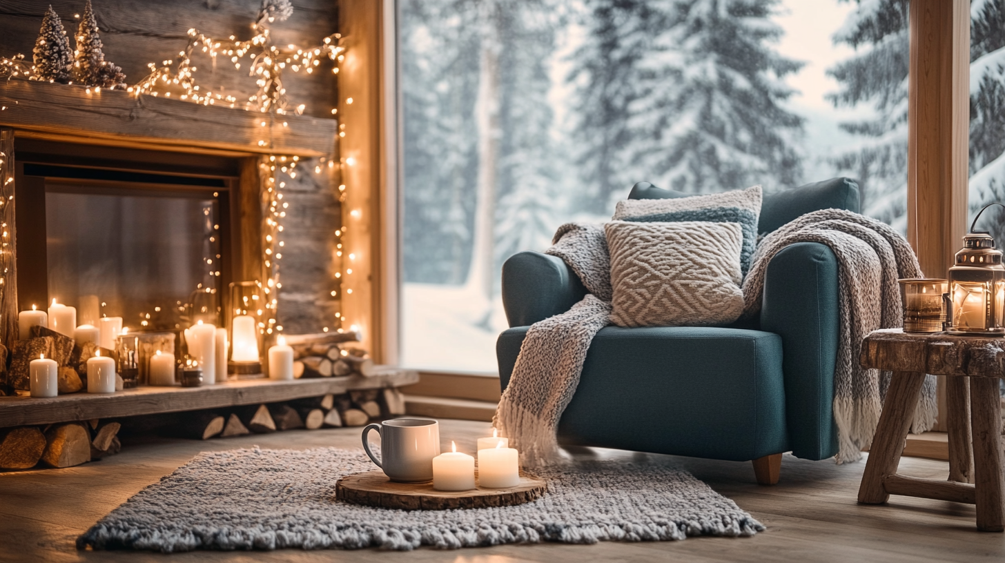 Relaxation in the Winter. Cozy home with candles.