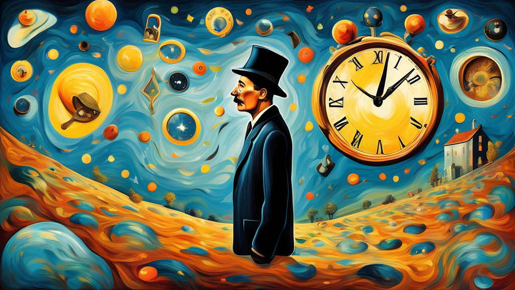 A whimsical illustration depicting the whimsical and playful nature of famous works of art, such as Dali's melting clocks, Van Gogh's starry night, and Magritte's surrealist bowler hatted men