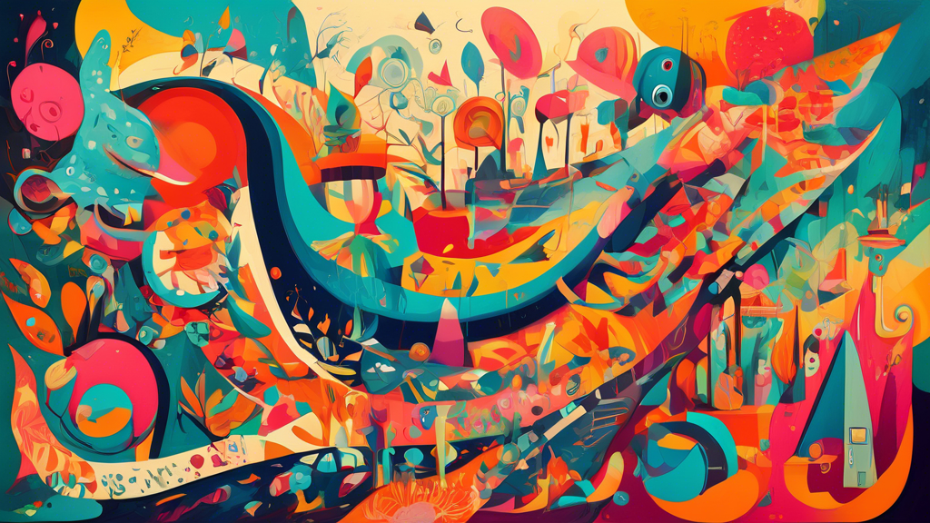 Surreal and playful modern art with a whimsical touch, featuring vibrant colors, abstract patterns, and thought-provoking imagery, showcasing the unbounded creativity of the imagination