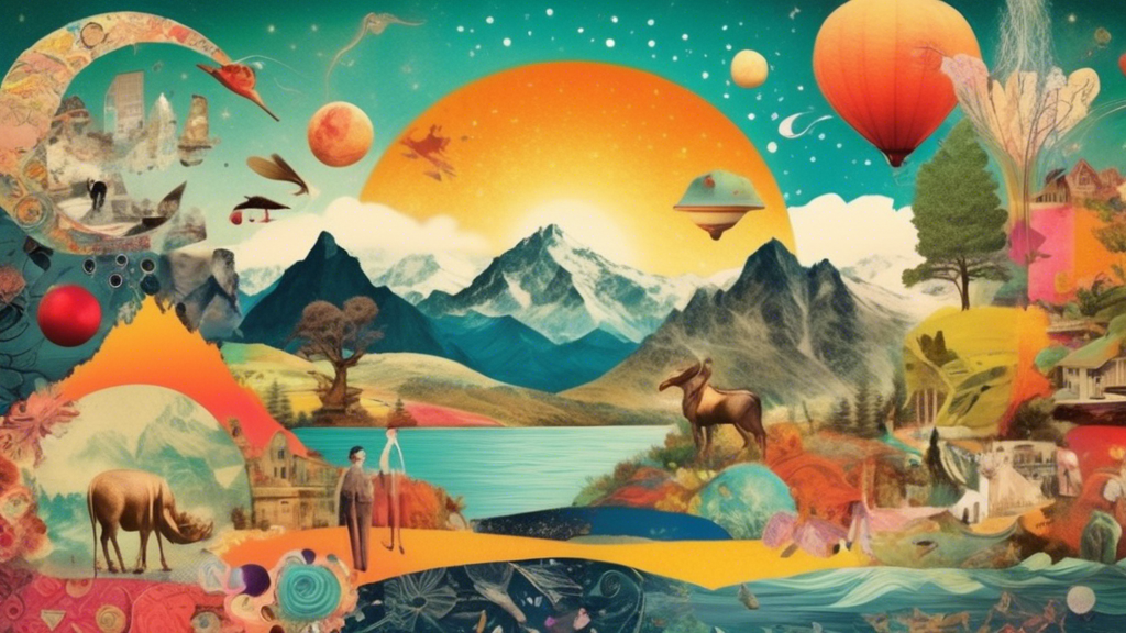 Create a whimsical collage artwork that merges different elements and textures, such as dreamy landscapes, quirky characters, and vintage ephemera, to evoke a sense of imagination and the surreal Inco