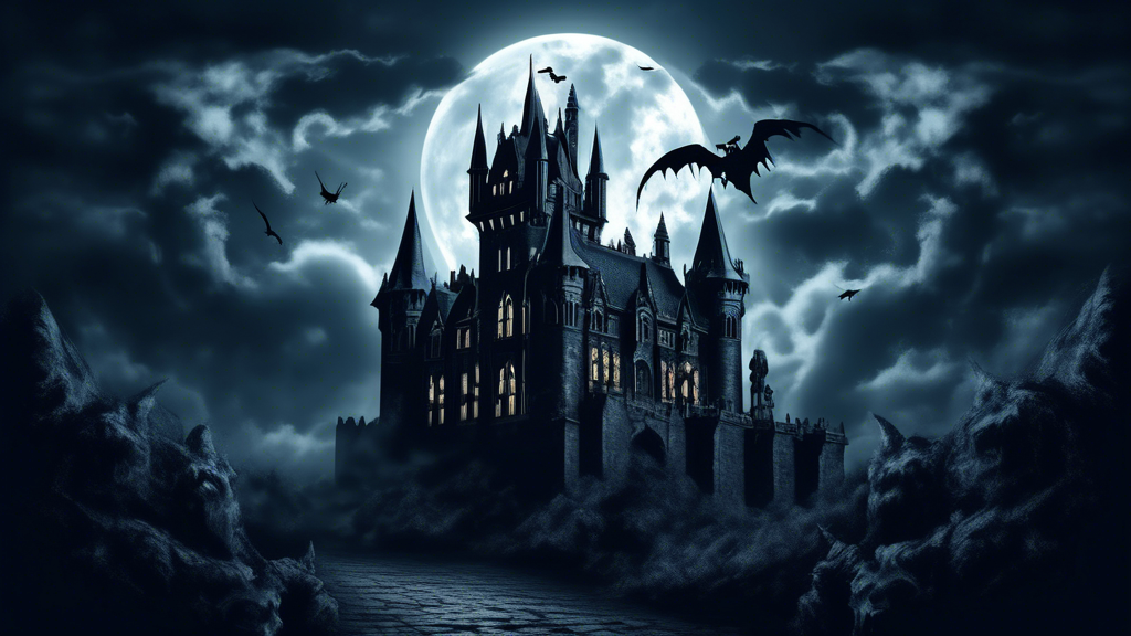 A majestic gothic castle with gargoyles, stormy clouds, and a full moon, in the style of gothic horror art