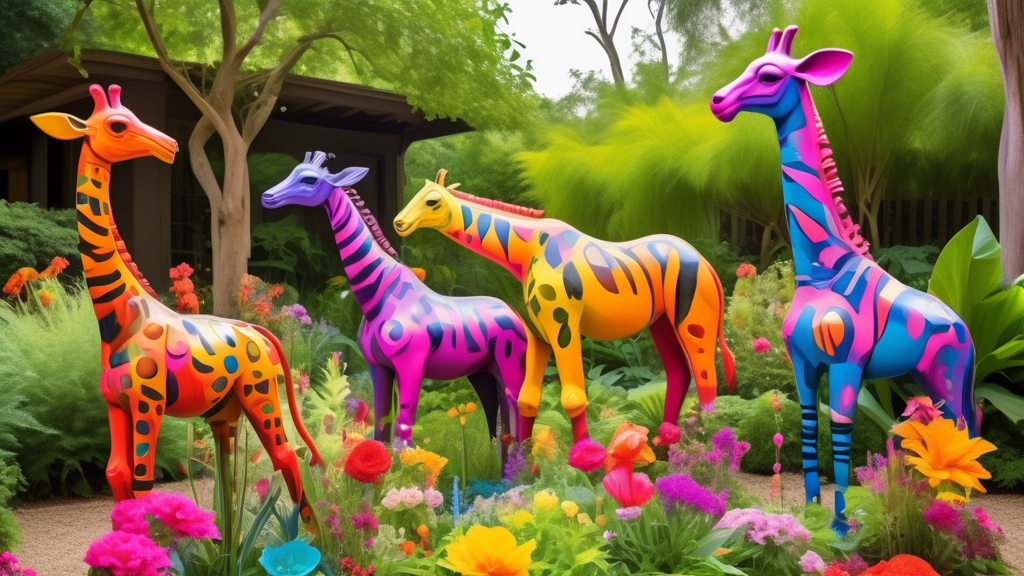 Photo of a whimsical garden art installation featuring a group of brightly painted animal sculptures, such as a giraffe, elephant, and zebra, frolicking in a lush, overgrown garden setting, surrounded