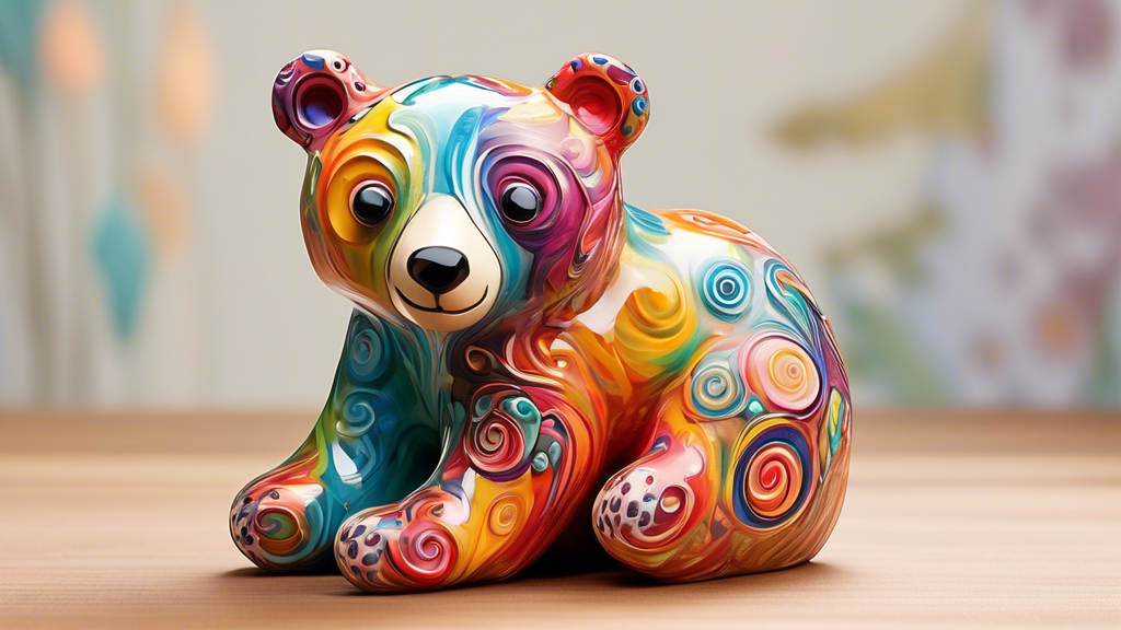 A whimsical and playful bear figurine, handcrafted from vibrant, swirling colors and patterns The bear's expression exudes joy and creativity, with its eyes sparkling with a mischievous gleam Render t