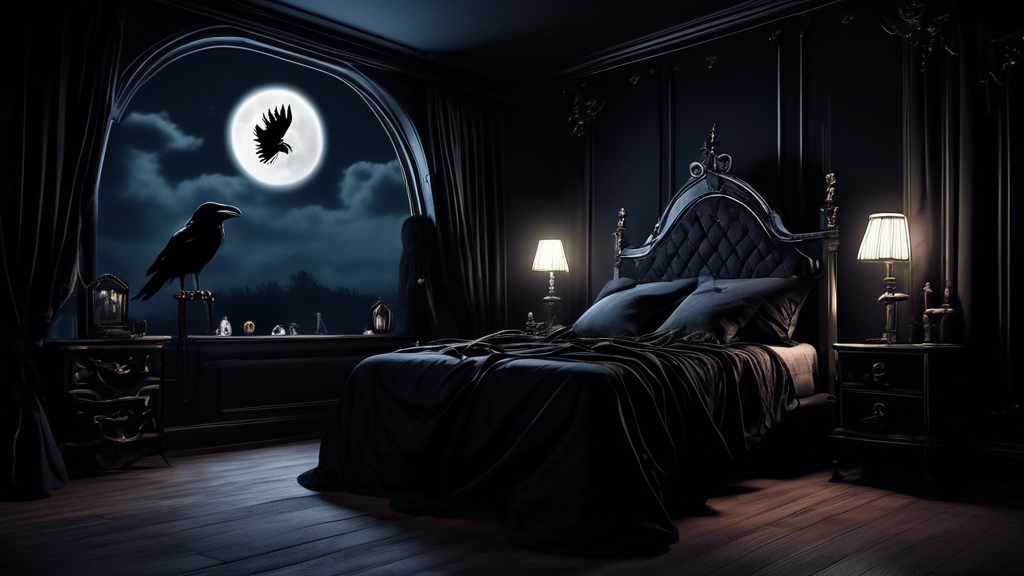 A plush, gothic bedroom with black velvet bedding and skull-shaped pillows illuminated by a full moon, a raven perched on a gothic headboard.