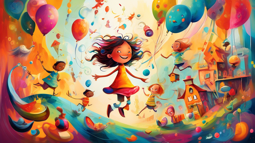 A whimsical and playful painting featuring vibrant colors, whimsical characters, and a sense of carefree joy and wonder The composition is dynamic and imaginative, with a dreamlike quality that invite