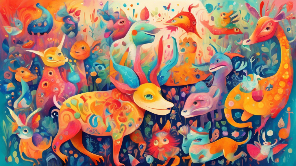 A whimsical painting with bright colors, fantastical creatures, and a sense of playfulness The image should evoke feelings of joy, wonder, and imagination