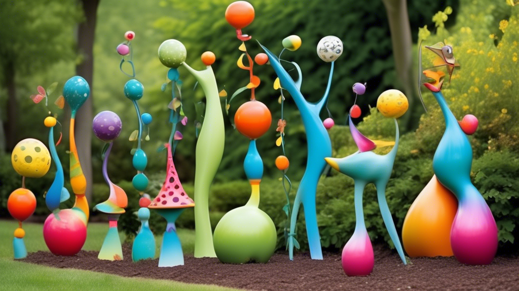 Whimsical garden sculptures that bring joy and magic to an outdoor space Include a variety of sculptures, each with its own unique character and charm The sculptures should be made of durable material