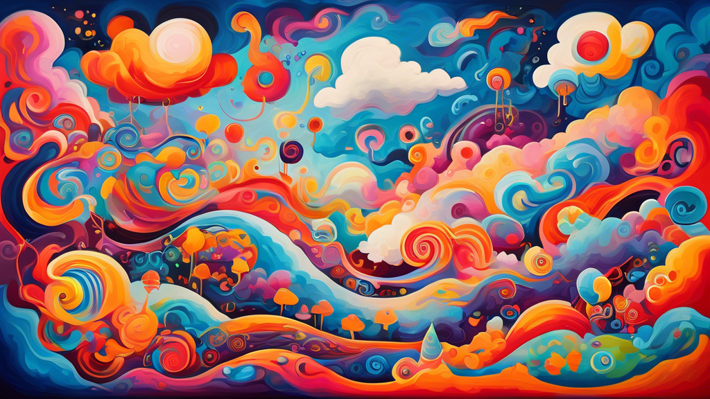 A vibrantly colored and whimsical canvas painting featuring a surreal and imaginative scene, where the sky is a swirling mix of vibrant hues, whimsical clouds shaped like playful characters, and abstr