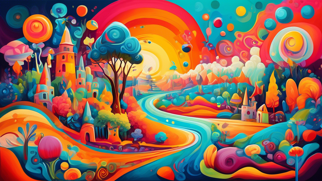 A whimsical painting depicting a surreal landscape with vibrant colors and playful shapes, creating a sense of wonder and enchantment The composition should evoke a feeling of joy and lightheartedness