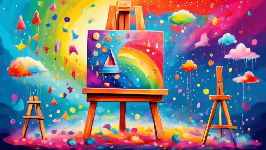 Whimsical easel painting in vibrant colors with abstract shapes floating in the sky, sparkles and rainbows, and a whimsical creature standing in front of the easel