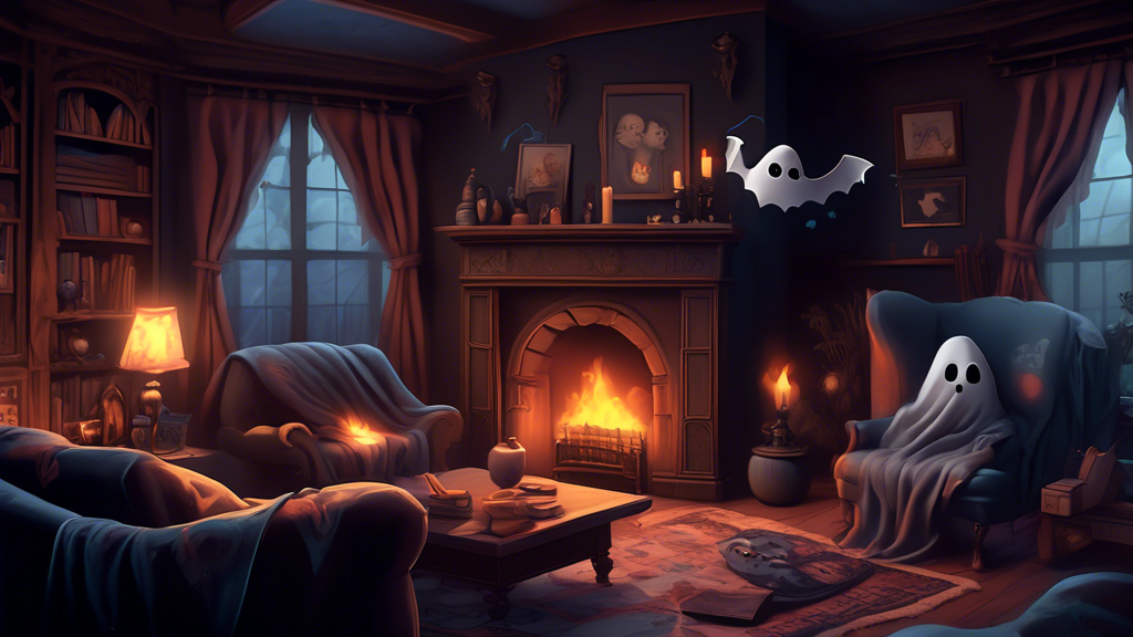 A cozy living room with a roaring fireplace, draped in a whimsical gothic throw blanket featuring hidden details like smiling ghosts, friendly bats, and watchful eyes.