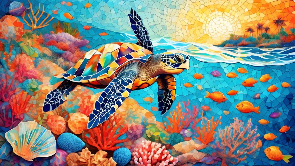 A whimsical and vibrant seashell mosaic depicting a playful sea turtle swimming amongst coral reefs and colorful fish, set against a backdrop of a sun-kissed beach and crashing waves, with a touch of 