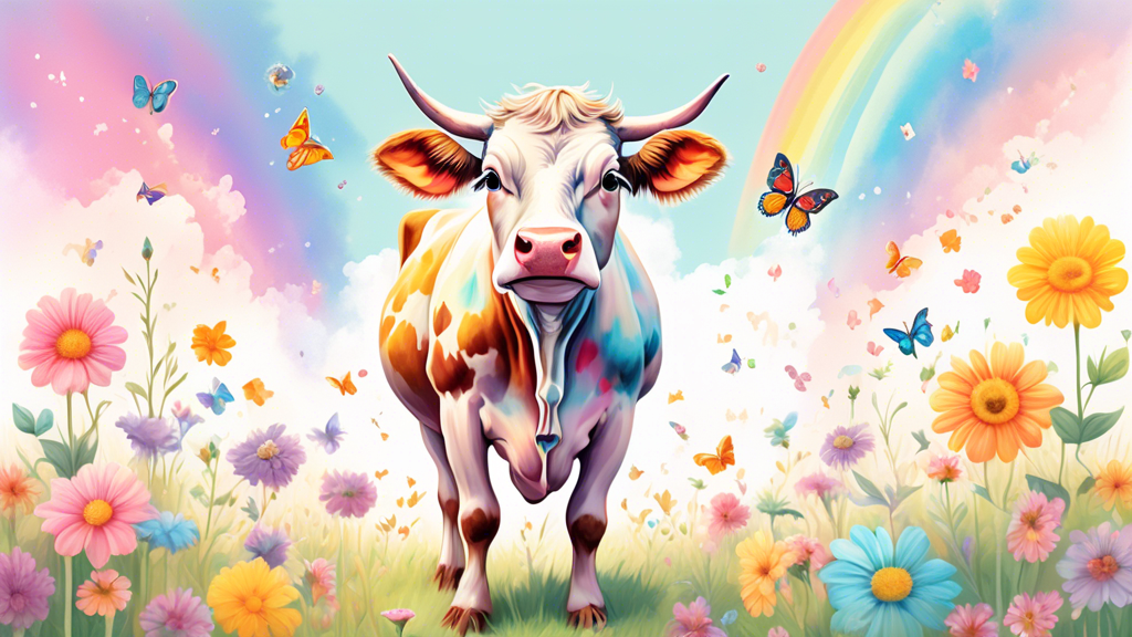 Whimsical, pastel-colored cow standing on a flower-covered meadow, surrounded by butterflies and rainbows