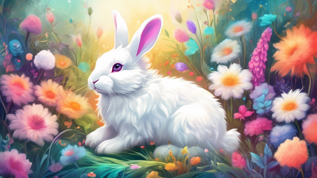 Generate a dreamy and whimsical digital art piece featuring a fluffy white bunny with sparkling, ethereal eyes and soft, flowing fur The bunny should be surrounded by a vibrant garden filled with fant