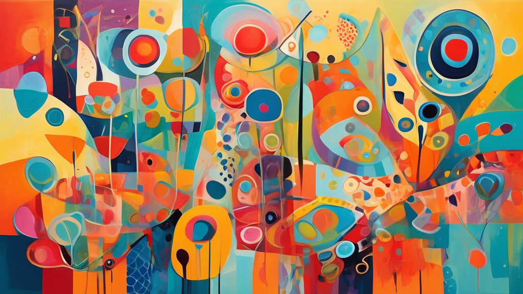 A whimsical and colorful abstract painting by Peggy Cook, featuring vibrant patterns, whimsical shapes, and a sense of playful joy and imagination