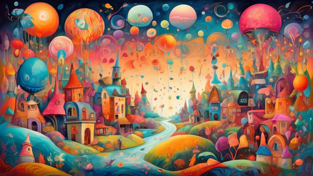 A whimsical, dreamlike painting with vibrant colors and playful imagery, exploring the boundless realm of imagination and whimsy The artwork should evoke a sense of wonder and enchantment, with surrea