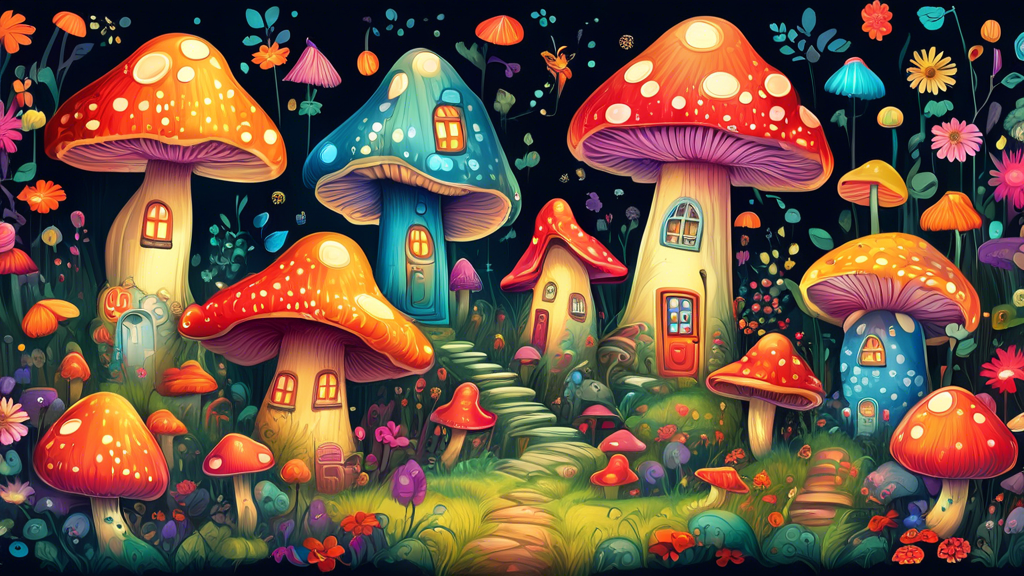 A whimsical illustration of colorful, glowing mushrooms with houses for doors, surrounded by smiling flowers and friendly insects.