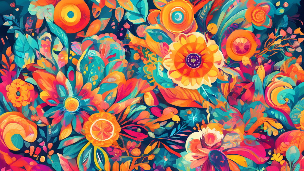 Create a vibrant and whimsical digital art piece that evokes a sense of joy and wonder Use a kaleidoscope of colors and abstract shapes to create a playful and imaginative composition Incorporate elem