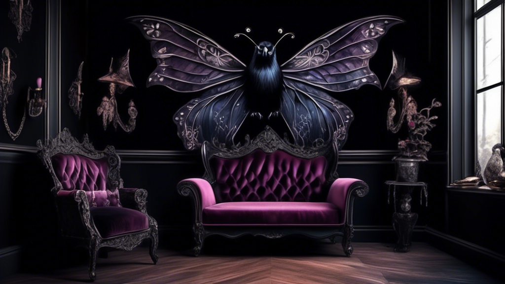 A whimsical gothic living room with butterfly wings painted on a black wall and a raven perched on a velvet armchair.