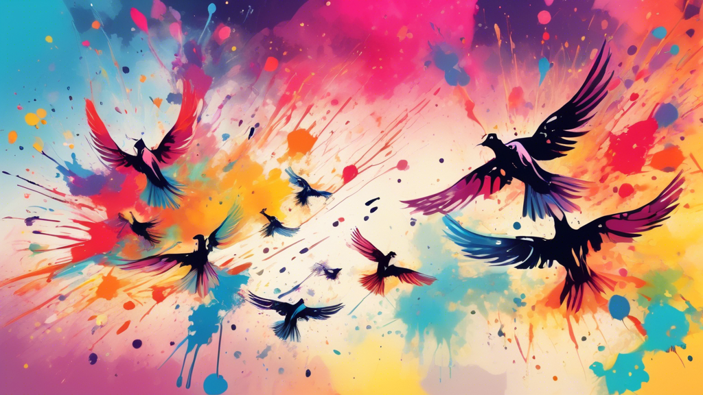 Birds with paintbrush wings creating a colorful, abstract sky with flying paint splatters.