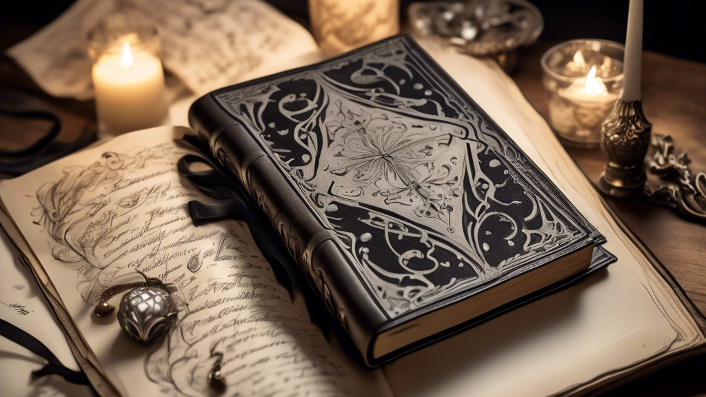 A leather-bound journal adorned with silver gothic ornaments, laying open to reveal a page filled with whimsical drawings, flowing script, and a single flickering candle casting shadows on the pages.