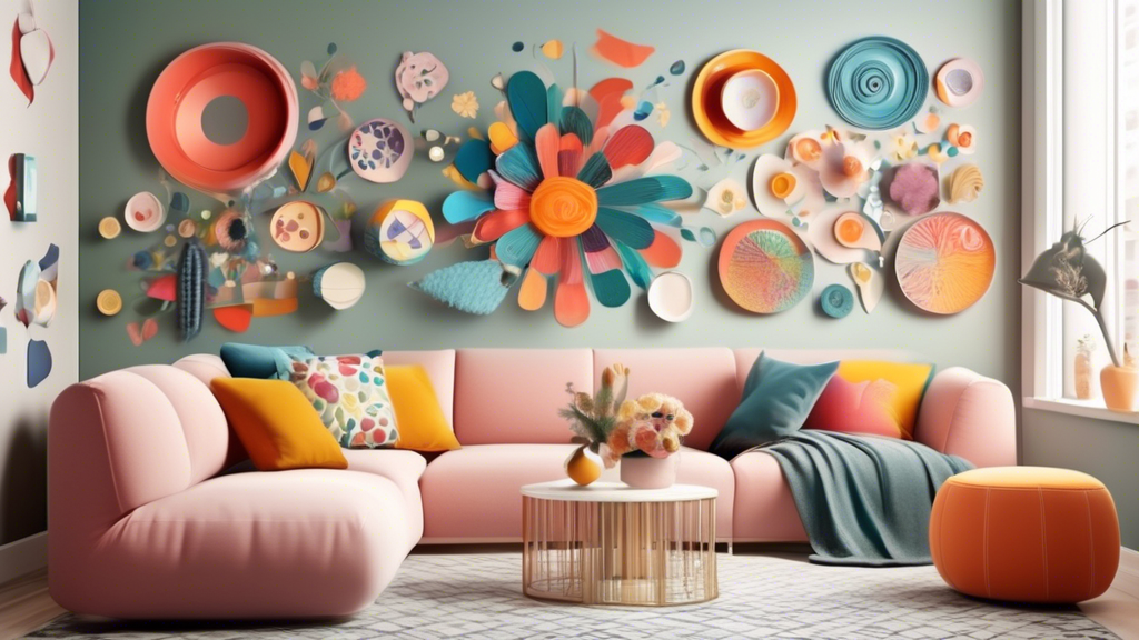 Create a visually appealing arrangement of whimsical wall art, balancing playful elements with sophisticated design Incorporate a variety of textures, colors, and shapes to infuse the space with a sen