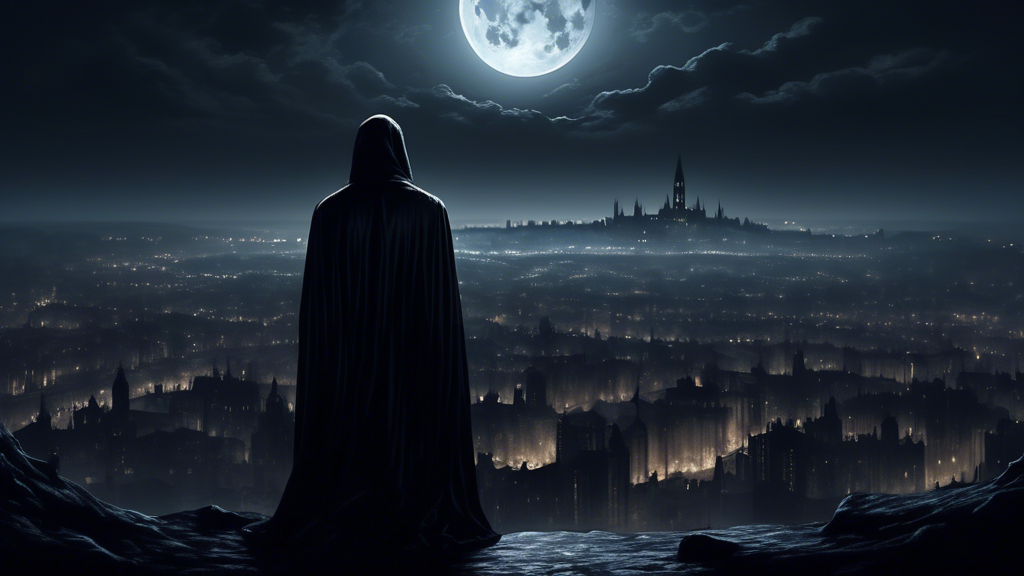 A lone figure with their back turned, draped in dark fabric, gazing upon a vast and desolate gothic cityscape bathed in moonlight.