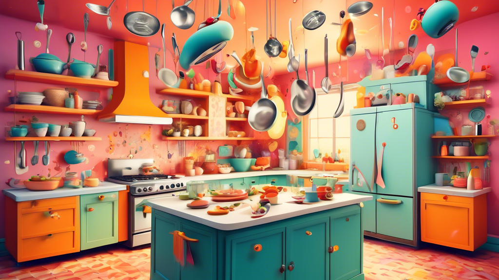 A whimsical kitchen with anthropomorphic appliances, floating utensils, and food dancing in the air, creating a magical and playful atmosphere