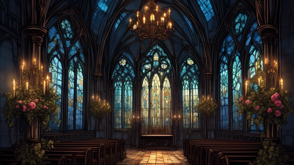 A gothic cathedral interior with stained glass windows, overgrown with vines and flowers, lit by a Victorian gaslight chandelier.