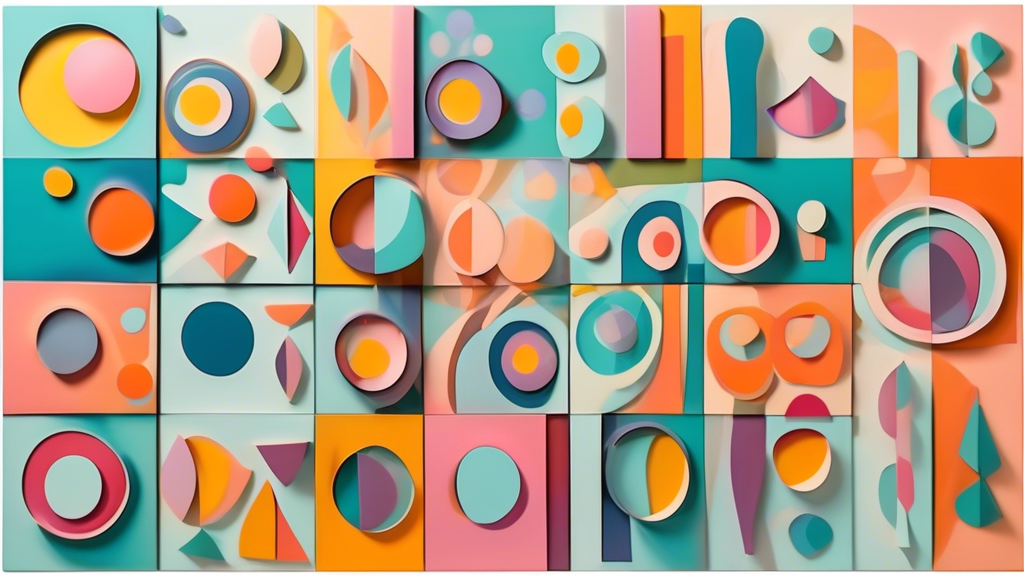 A whimsical metal wall art that features abstract geometric shapes painted in bright and pastel colors, with intricate cutouts and patterns that cast playful shadows on the wall