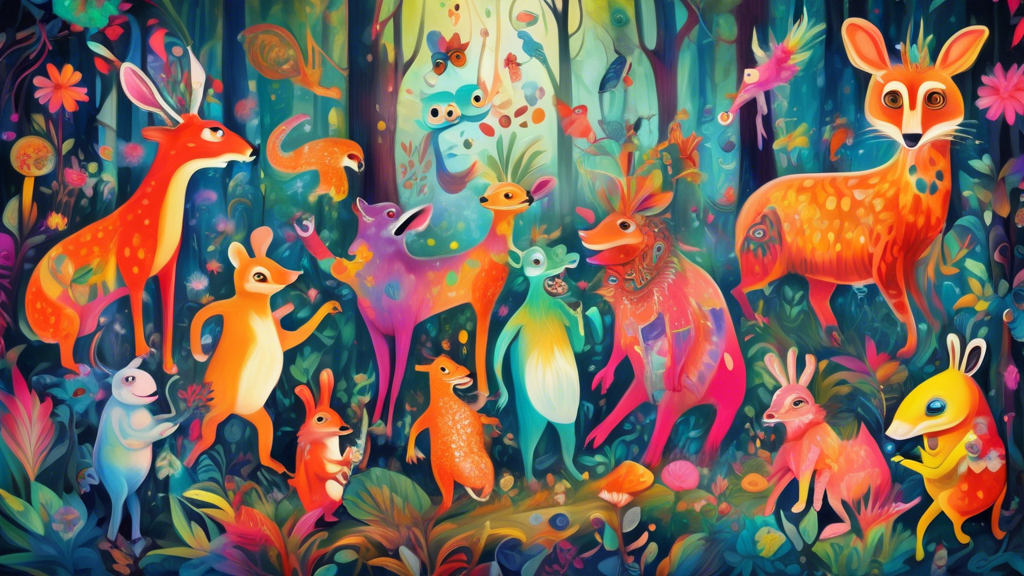 A whimsical and vibrant painting of a group of anthropomorphic animals engaged in playful activities in a surreal and enchanting forest, surrounded by vibrant colors and whimsical elements The animals