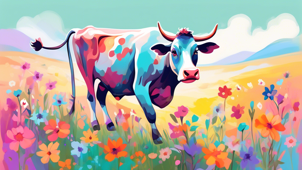 Pastel and vibrant color palette, whimsical cow frolicking in a field of wildflowers, abstract and stylized, dreamlike atmosphere, playful and joyful expression