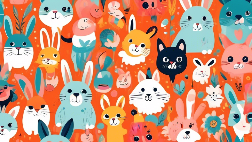 A whimsical and vibrant collection of adorable animal illustrations featuring bunnies, puppies, cats, and other creatures, rendered in a playful and cartoonish style with exaggerated features and brig