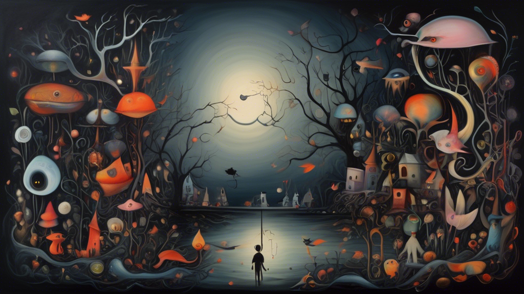 A surreal and whimsical painting that explores the shadowy beauty of darkness The artwork should evoke a sense of mystery, wonder, and the allure of the unknown The composition should include elements