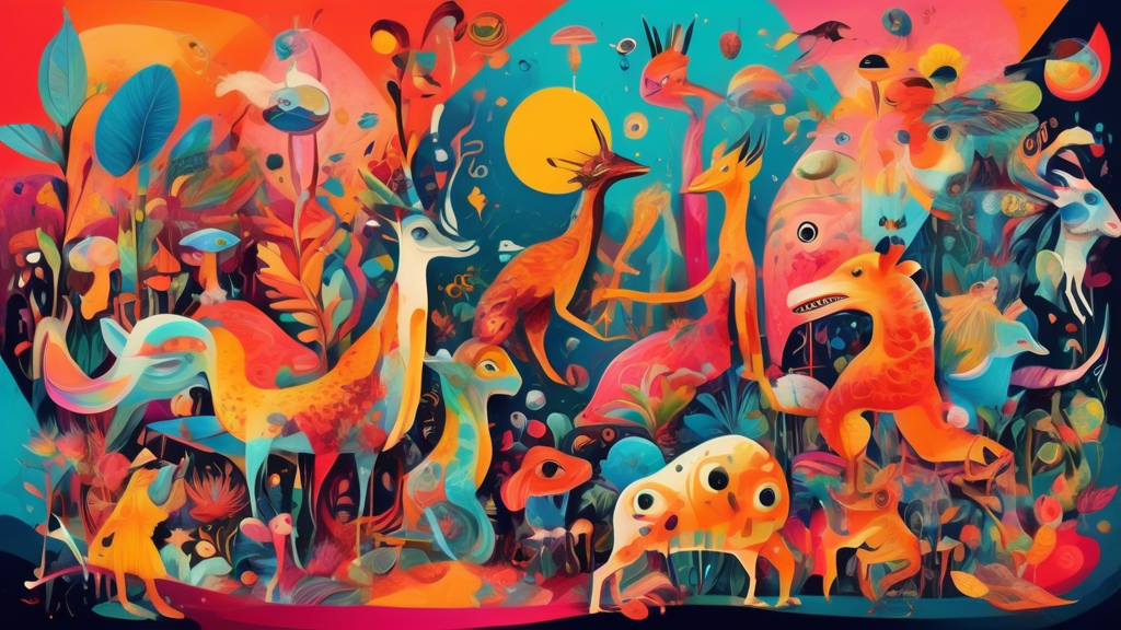 A vibrant and eclectic collage featuring a whimsical assortment of surreal creatures, abstract shapes, and vibrant colors, embodying the untamed and boundless nature of imagination The composition sho