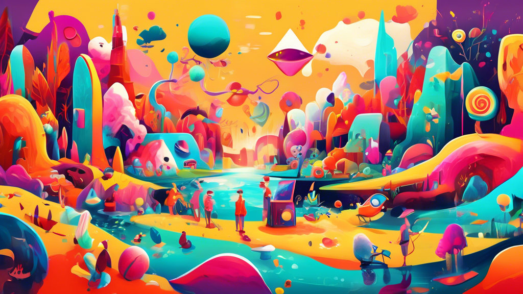 Generate a vibrant and whimsical digital painting that captures the essence of fun and creativity Depict a surreal landscape filled with playful shapes, vibrant colors, and enigmatic characters Showca