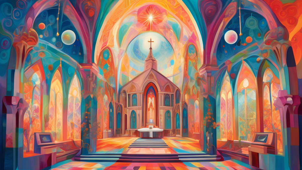 A whimsical and fantastical painting of a church interior, filled with surreal elements such as floating angels, glowing orbs, and vibrant colors The walls are adorned with intricate geometric pattern