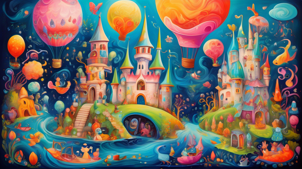 A whimsical painting on canvas with vibrant colors and fantastical elements, such as floating castles, talking animals, and playful characters The overall mood is lighthearted and magical