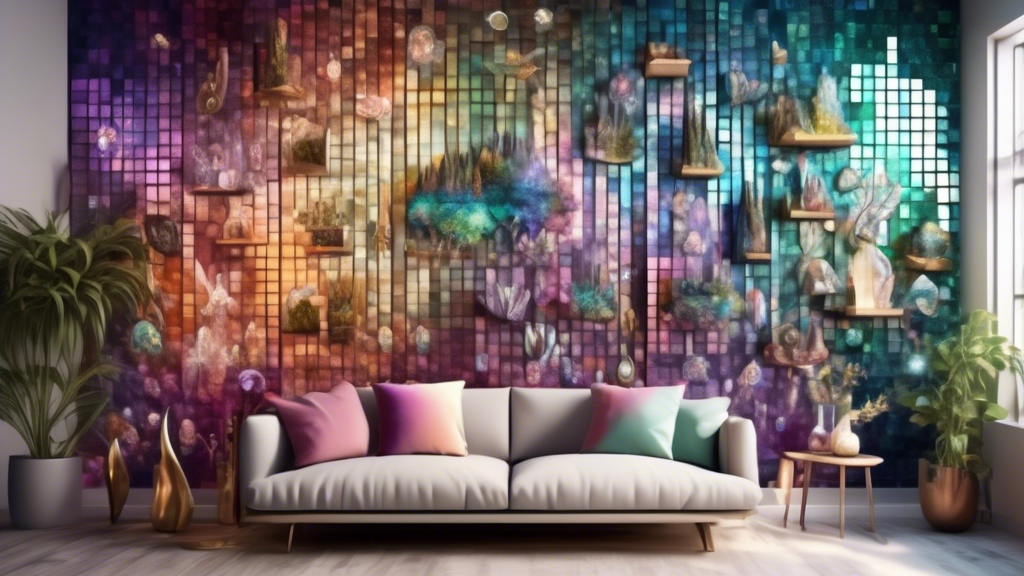 Create a whimsical and ethereal wall decor composition featuring a mosaic of iridescent tiles, floating shelves adorned with crystalline sculptures, and a tapestry depicting scenes from a mystical for