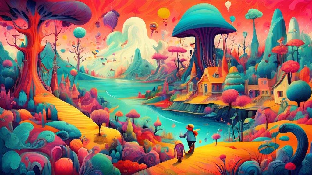 Whimsical and imaginative artwork depicting a fantastical landscape with vibrant colors, playful characters, and surreal elements, rendered in a painterly style