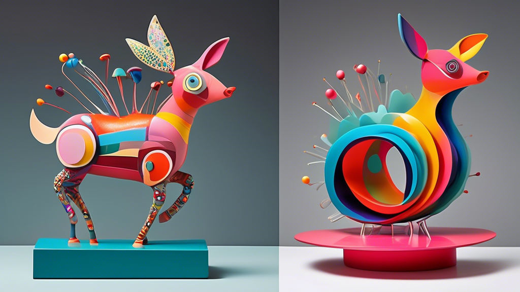 Whimsical sculptures that defy gravity and spark childlike wonder, with vibrant colors, playful shapes, and a touch of enchantment