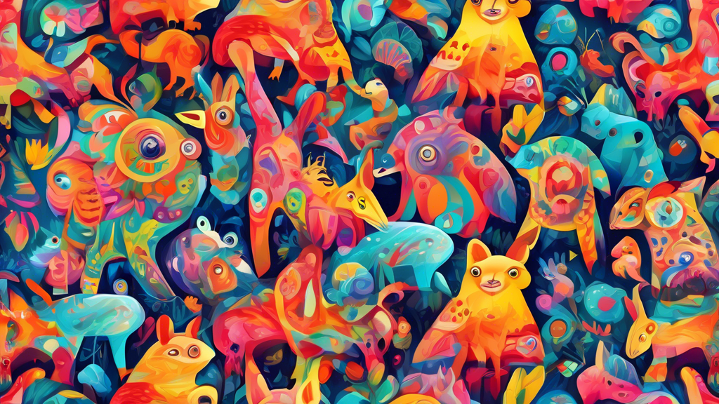 A vibrant and playful digital painting of whimsical animals, rendered in a kaleidoscope of colors and imaginative shapes The animals should express a sense of joy and whimsicality