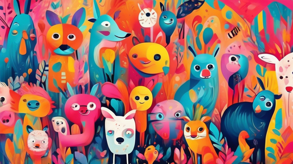 A vibrant and imaginative wall art with whimsical animal characters, rendered in playful and colorful abstract strokes, creating a cheerful and inspiring atmosphere for a modern home